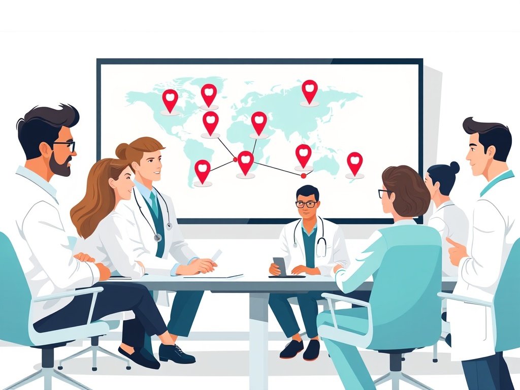 Diverse tandartsen bespreek een scherm met locaties en verbindingen die backlinks voorstellen.