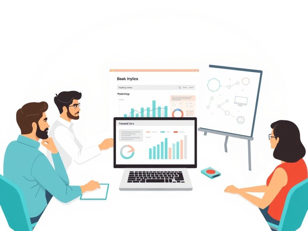 Diverse professionals analyseren backlinkstrategieën aan een tafel met laptop en een whiteboard met abstracte sleutelwoorden.