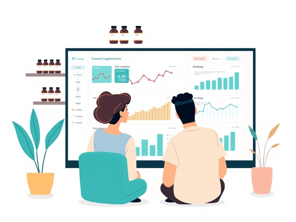 Twee personen analyseren data op een groot scherm in een kantoor; whiteboard met strategie; supplementen op een plank.