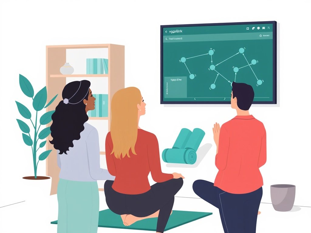 Professioneel team in een modern kantoor analyseert een dashboard met backlinks; yogamatten zichtbaar in de achtergrond.