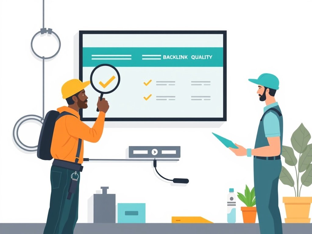 Elektriciens evalueren backlink-kwaliteit met een checklist en een vergrootglas nabij een scherm