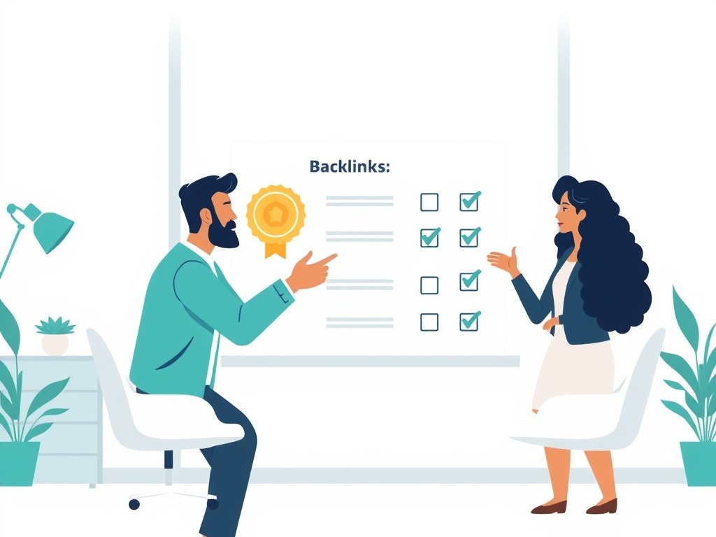 Drie professionals evalueren een backlink-kwaliteitsgrafiek; een gouden badge en checklist zichtbaar.