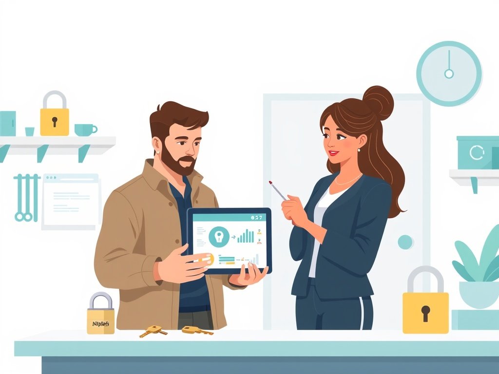Twee mensen in een workshop bekijken een digitaal backlink-dashboard naast een slot en sleutels.