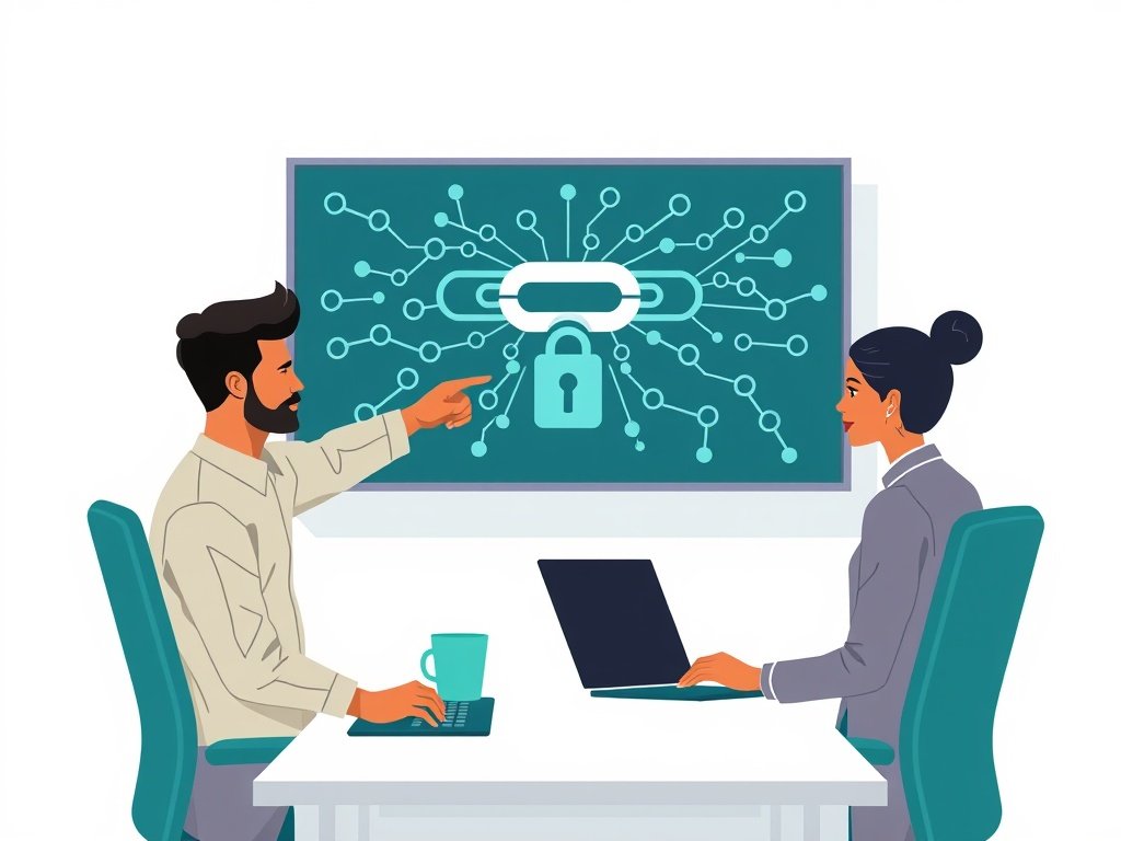 Twee slotenmakers analyseren een wandscherm met een backlinks-netwerk en een sleutel op tafel.
