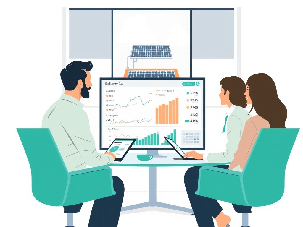 Teams vergaderen bij een dashboard met backlinks-statistieken; buiten zijn zonnepanelen zichtbaar.