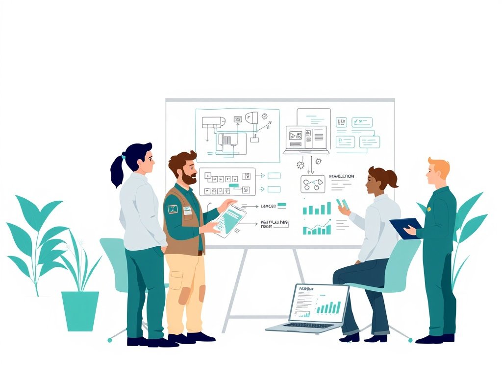 Twee technici en een klant voor een whiteboard met installatie-diagrammen en analytics op een tablet.