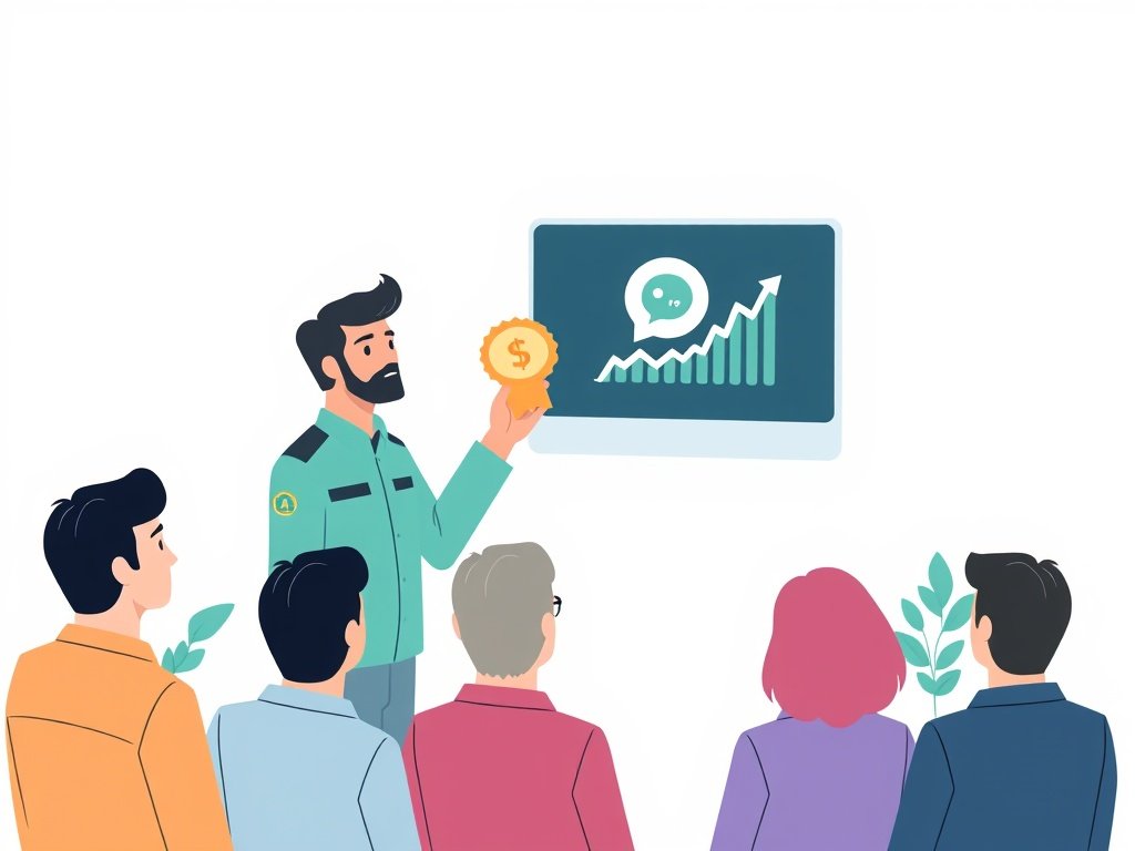Technicus presenteert een kwaliteitszegel naast een computer met een stijgende grafiek en een backlink-icoon, terwijl klanten meekijken.