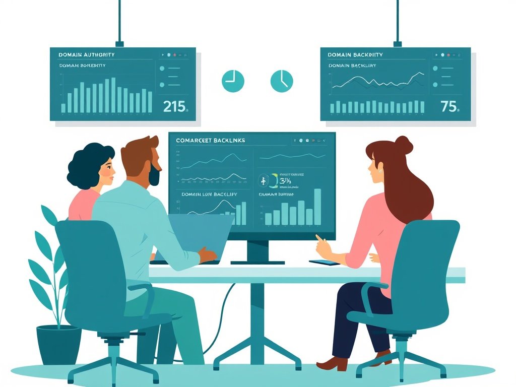 Diverse professionals bekijken een digitaal dashboard met domeinautoriteit en gerichte backlinks in een modern kantoor.
