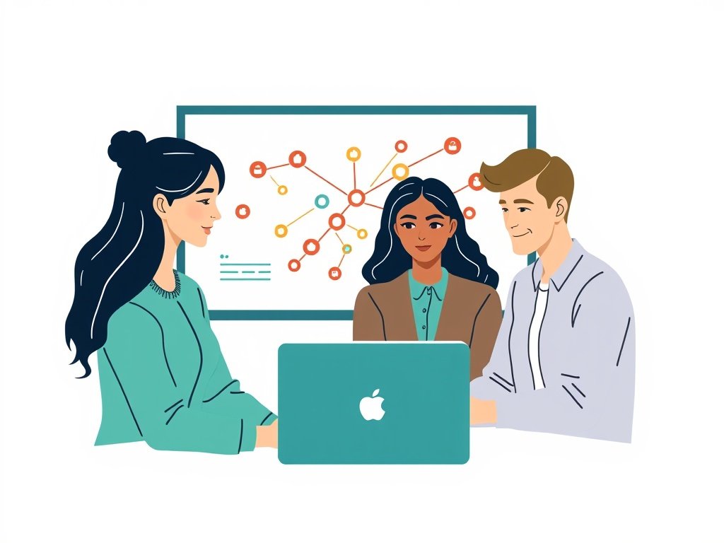 Drie medewerkers in een vergaderzaal bekijken een digitaal plan op een muurmonitor en bespreken backlinks.