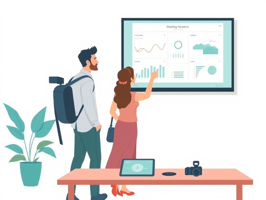 Twee professionals bespreken strategieën bij een digitaal dashboard en tablet in een wedding-ondernemersruimte