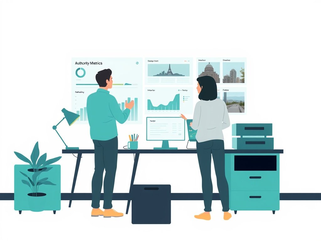 Ontwerper en klant bekijken een dashboard met autoriteitsstatistieken en interieur-moodboards op een bureau