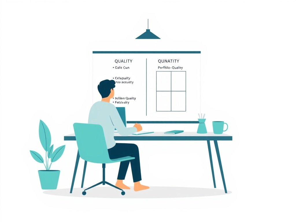 Persoon aan bureau bekijkt een whiteboard met kwaliteits- versus kwantiteitsymbolen en een portfolio-matrix