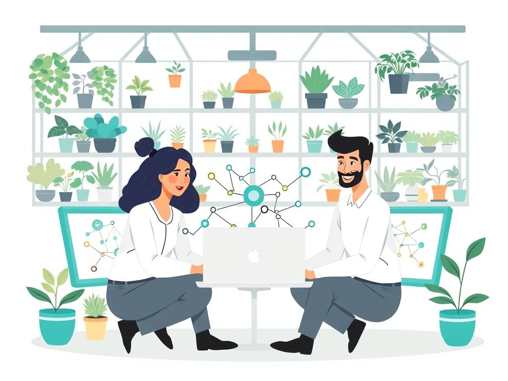 Drie diverse professionals rondom een laptop in een tuinstudio; abstract backlink-netwerk op het scherm, planten op achtergrond