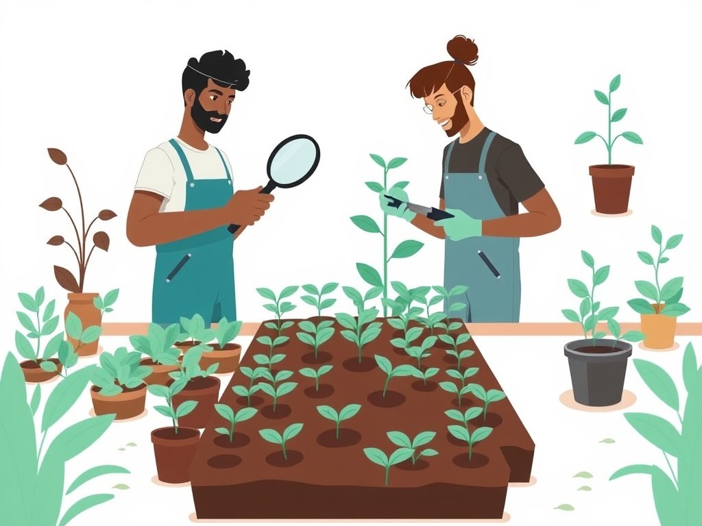 Twee tuinders kiezen gezonde planten; een bekijkt met een vergrootglas een blad terwijl de ander snoeit, hoogwaardige zaailingen voorgrond