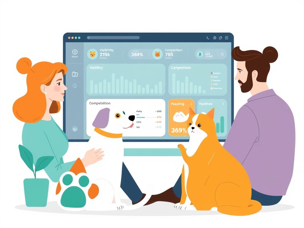Diverse huisdieren-eigenaren in een modern kantoor met een digitaal dashboard en teal-accenten.