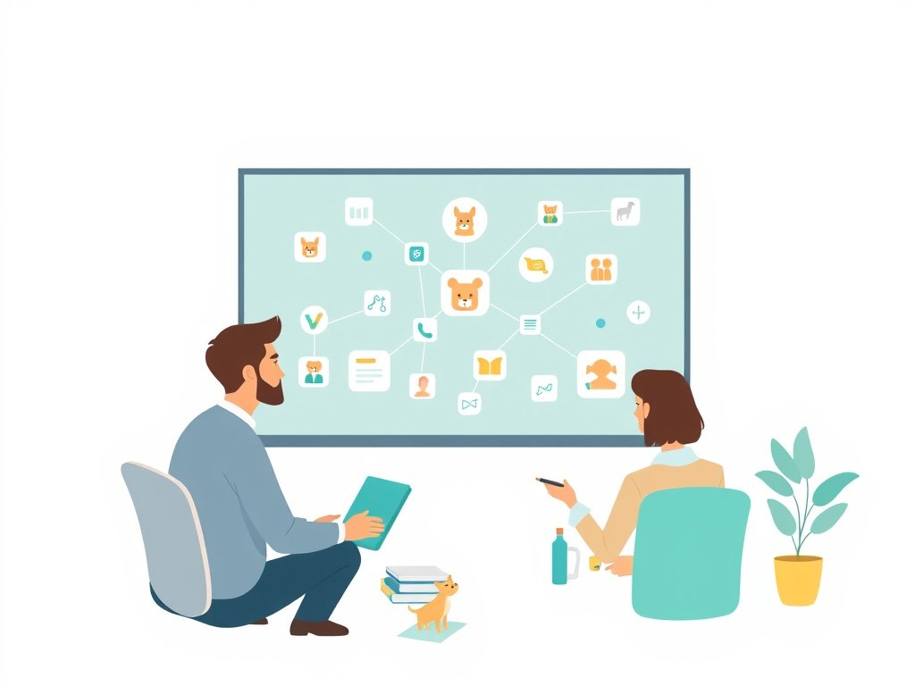 Professionele teamleden werken aan een backlinks-netwerk met websitesymbolen en huisdierenillustraties, teal-accenten.
