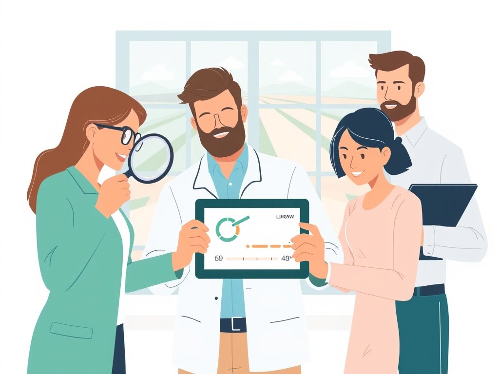 Een onderzoeksmedewerker bekijkt een tablet met een kwaliteitsscore voor backlinks terwijl een collega wijst, veld buiten.