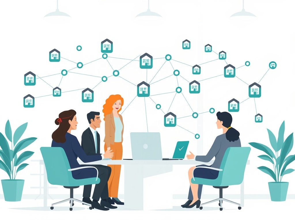 Diverse vastgoedprofessionals in een modern kantoor bekijken een digitaal netwerkdiagram van backlinks met verbonden knopen.