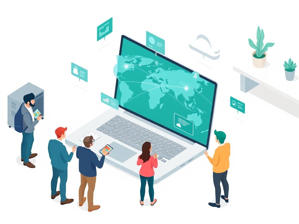 Illustratie van marketeers rond een laptop met wereldwijd netwerk van technologie backlinks.