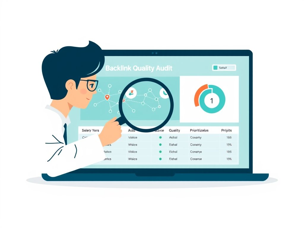 Een analist bekijkt een backlink-kwaliteitsaudit op een laptop met een netwerkkaart en een kwaliteitsmeter.