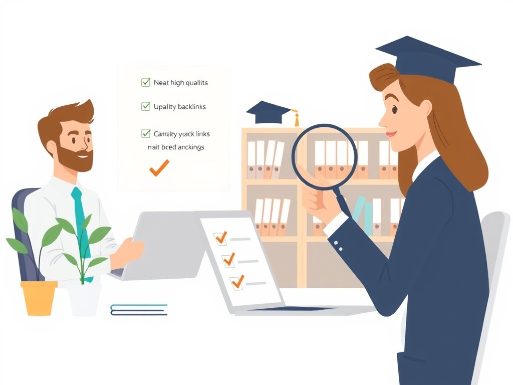 SEO-specialisten in een onderwijsbureau beoordelen links op kwaliteit via een checklist op een laptop.