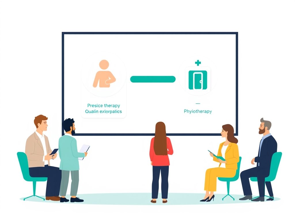 Team bekijkt een scherm met een stevige ketting die backlinks voor fysiotherapie symboliseert, teal accenten.