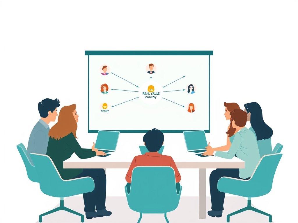 Diverse teamleden rondom een vergadertafel bekijken een scherm met een netwerkdiagram waar backlinks naar een centrale autoriteitsknoop leiden.