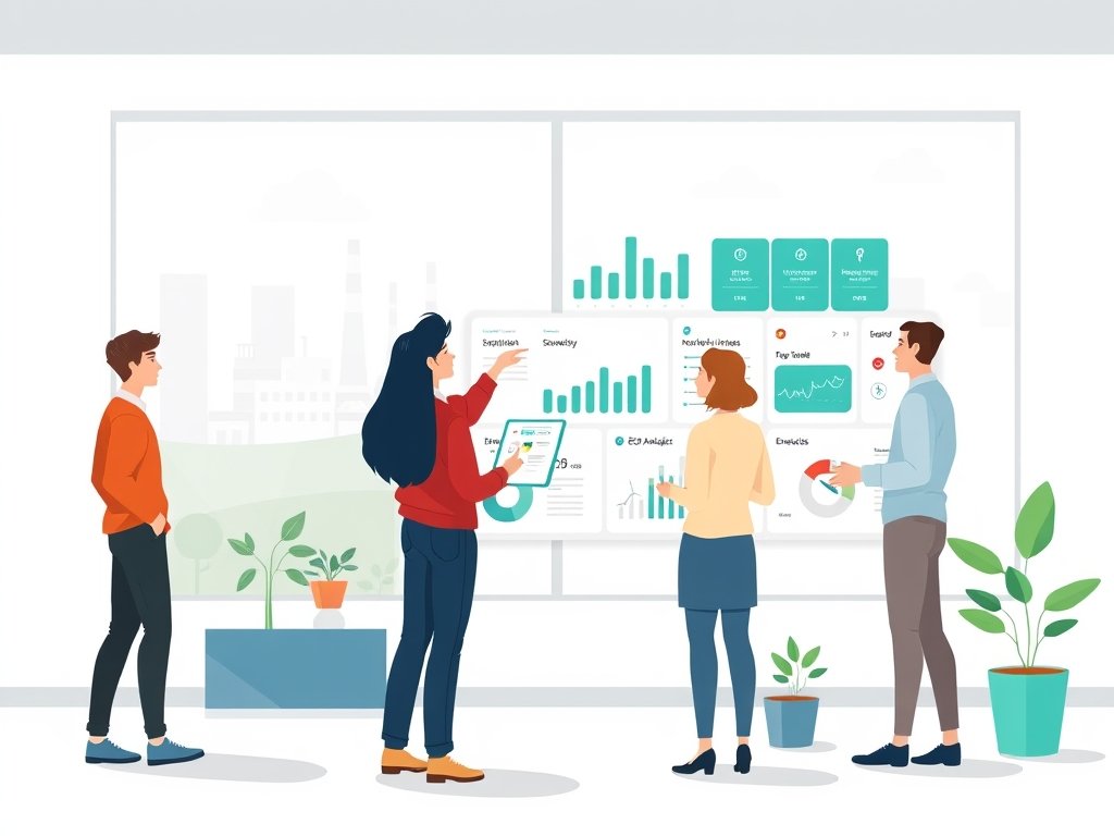 Team bekijkt digitaal dashboard met milieu-data, fabrieken en natuuriconen in modern kantoor.