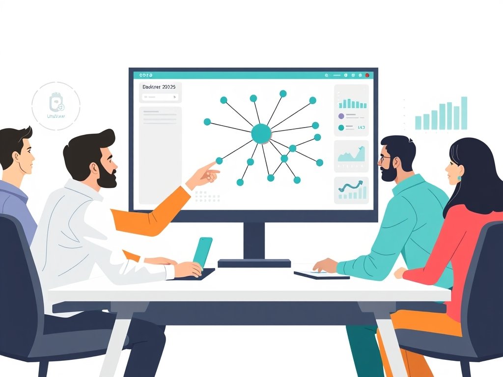 Divers team bij een bureau bekijkt een scherm met een netwerkdiagram van backlinks en pijlen tussen knooppunten, teal accenten.