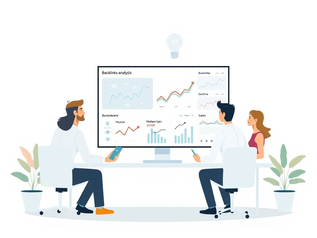 Diverse teamleden bespreken backlinks-strategie aan bureau met monitor en grafieken.