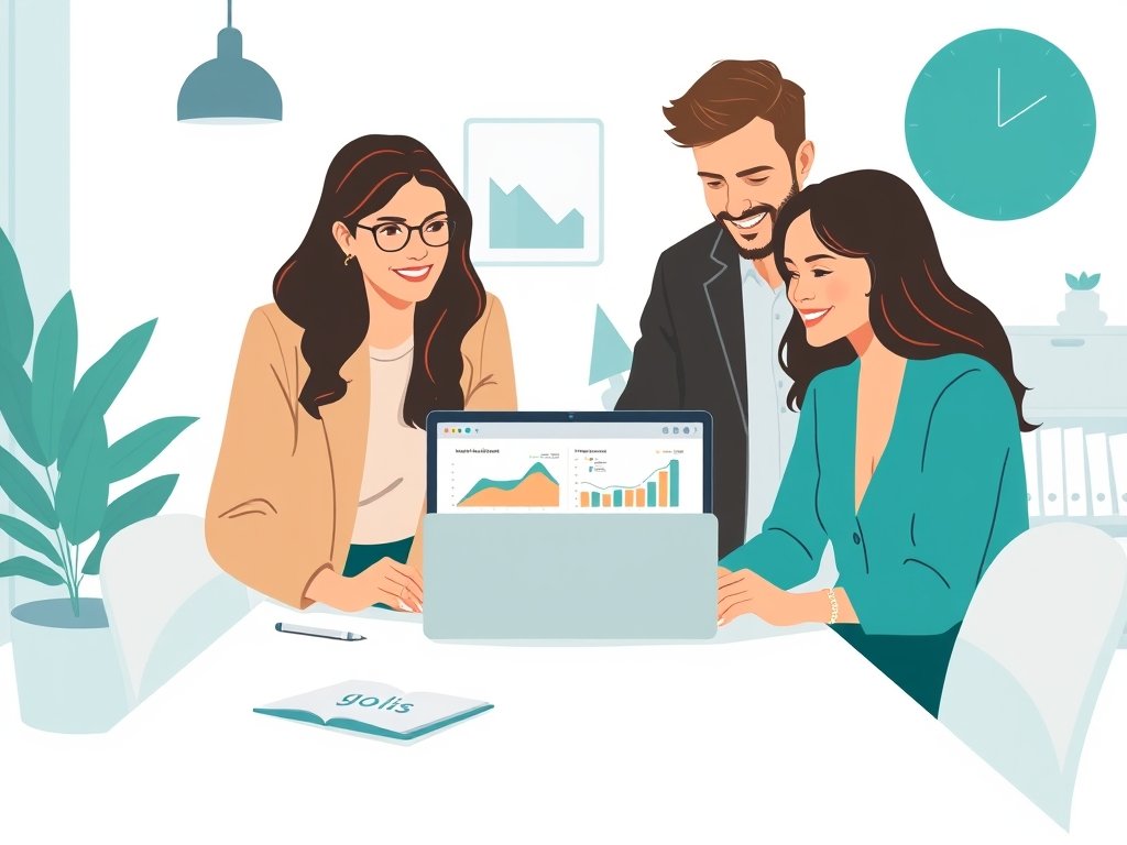 Meerdere professionals in een lichte lifestyle-werkruimte bekijken een laptop met analytics en een productvoorbeeld op tafel