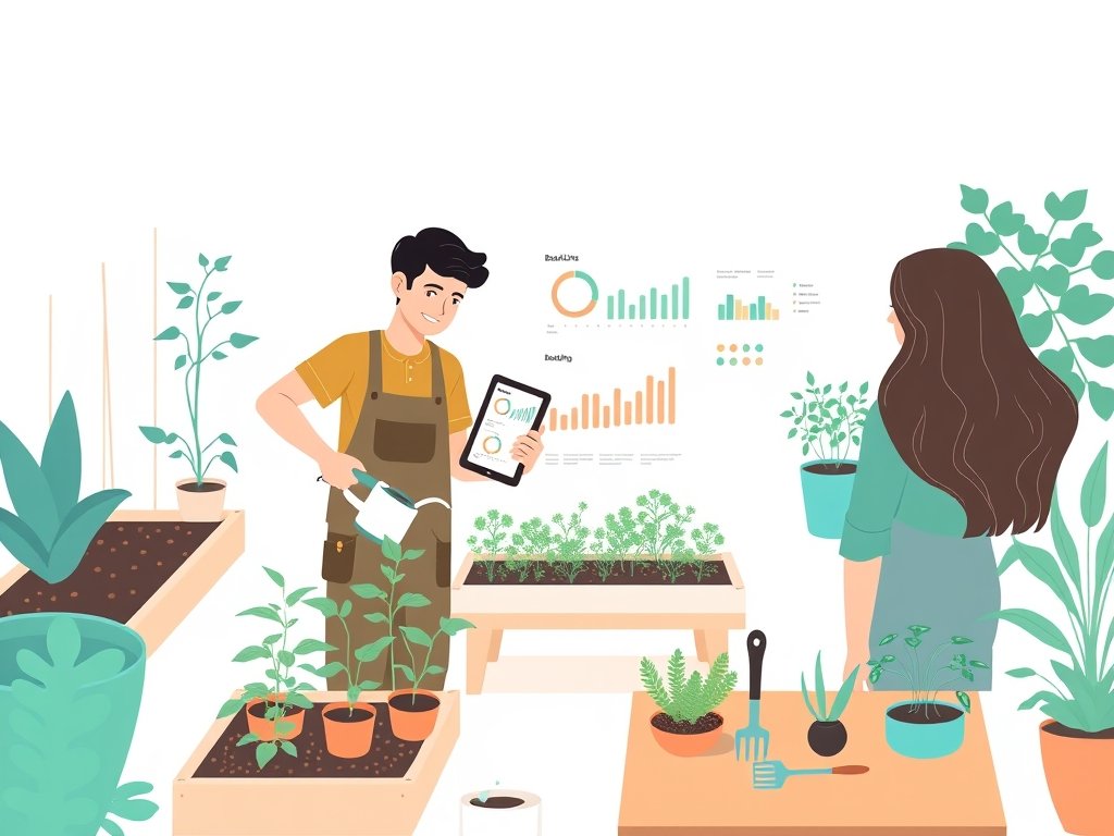 Divers tuinders in een zonnige tuin, één houdt een tablet met abstracte backlinks-grafieken terwijl planten en gereedschap op tafel liggen