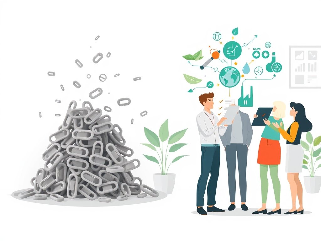 Marketingteam vergelijkt lage en hoge kwaliteit milieu-backlinks met eco-iconen en checklist.