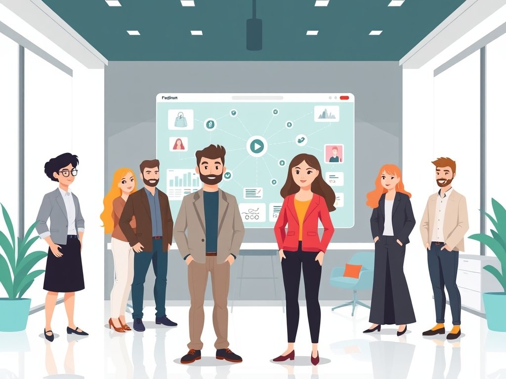 Divers team in een moderne kantoorruimte bekijkt een digitaal bord met verbonden knooppunten die backlinks voorstellen binnen modewebsites, teal accenten, witte achtergrond
