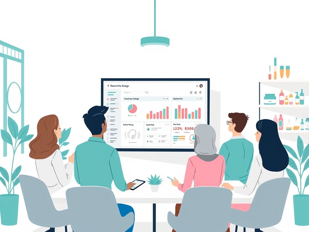 Diverse personen werken in een modern kantoor aan een dashboard met beauty-backlinks.