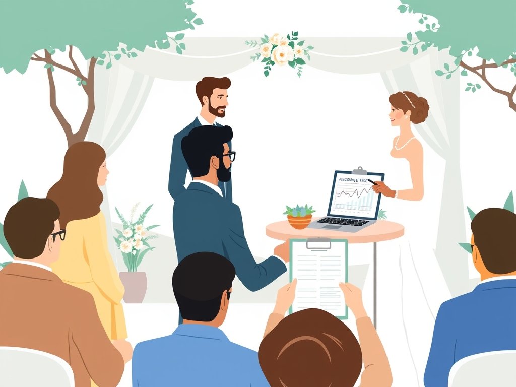 Klant en consultant bij een outdoor-weddingsetting aan een tafel met laptop en contractontwerp