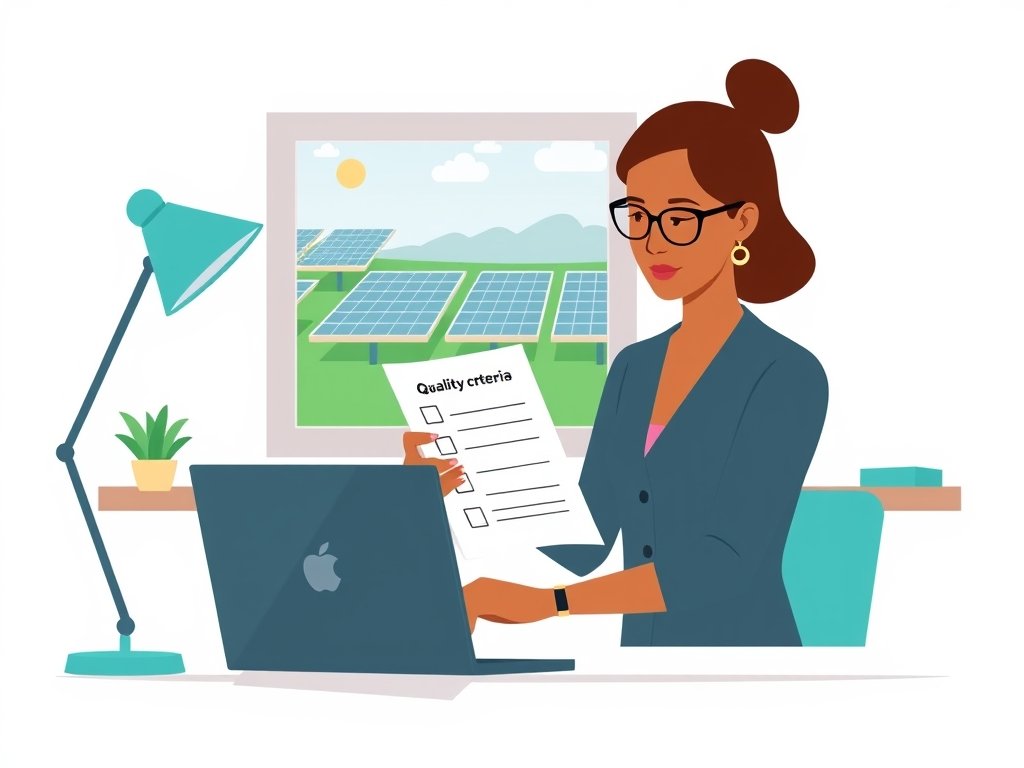 Persoon aan bureau bekijkt een checklist kwaliteit en een laptop met een kwaliteitsscore, zonnepanelen zichtbaar door het raam.