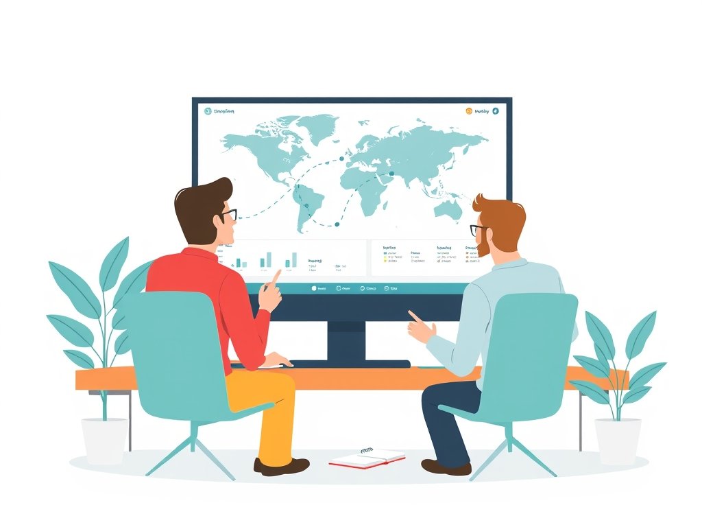 Kleine groep collega’s bekijkt een netwerk van backlinks op een monitor, interieurs met planten en teal details.