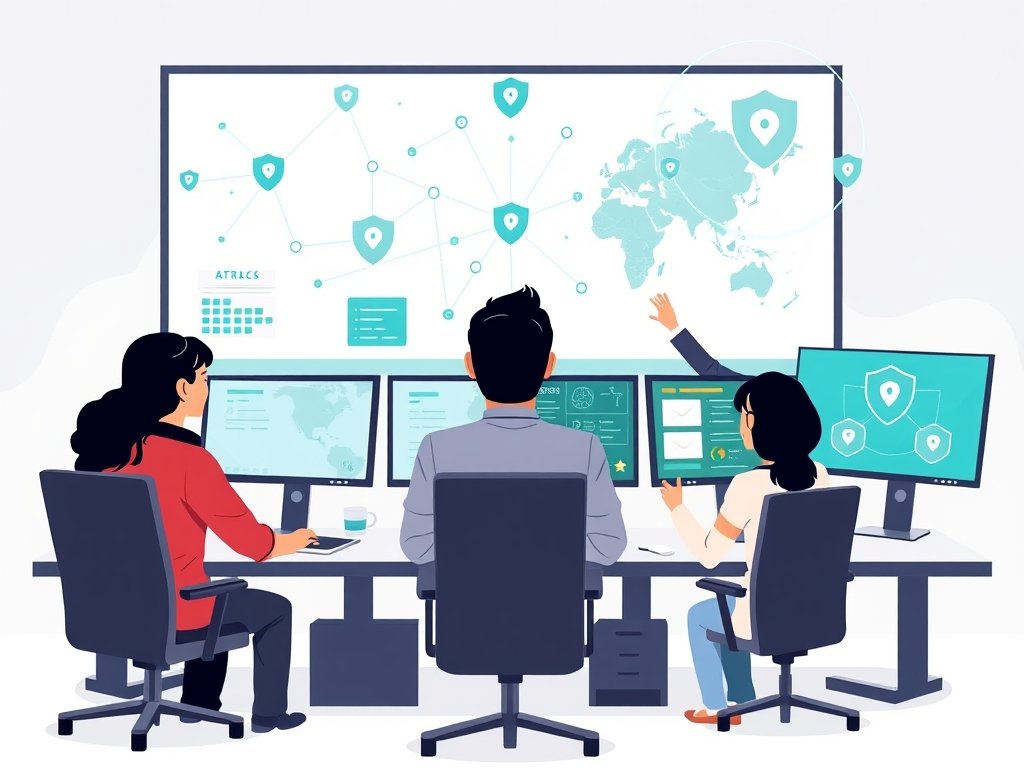 Divers team in een beveiligingscentrum bekijkt een dashboard met backlinks-netwerk en data.