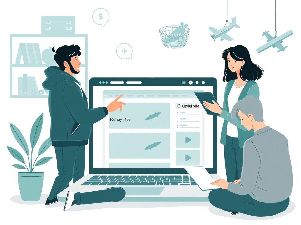 Team van drie hobbyisten bouwt gerichte autoriteit op door hobbybacklinks te plannen rond een laptop.
