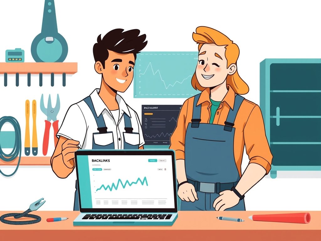 Twee elektriciens bespreken een digitaal dashboard met een netwerk van backlinks en een stijgende lijn met teal accenten