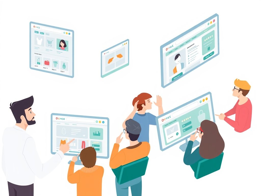 Illustratie van shoppers die verschillende webshops vergelijken op grote schermen.
