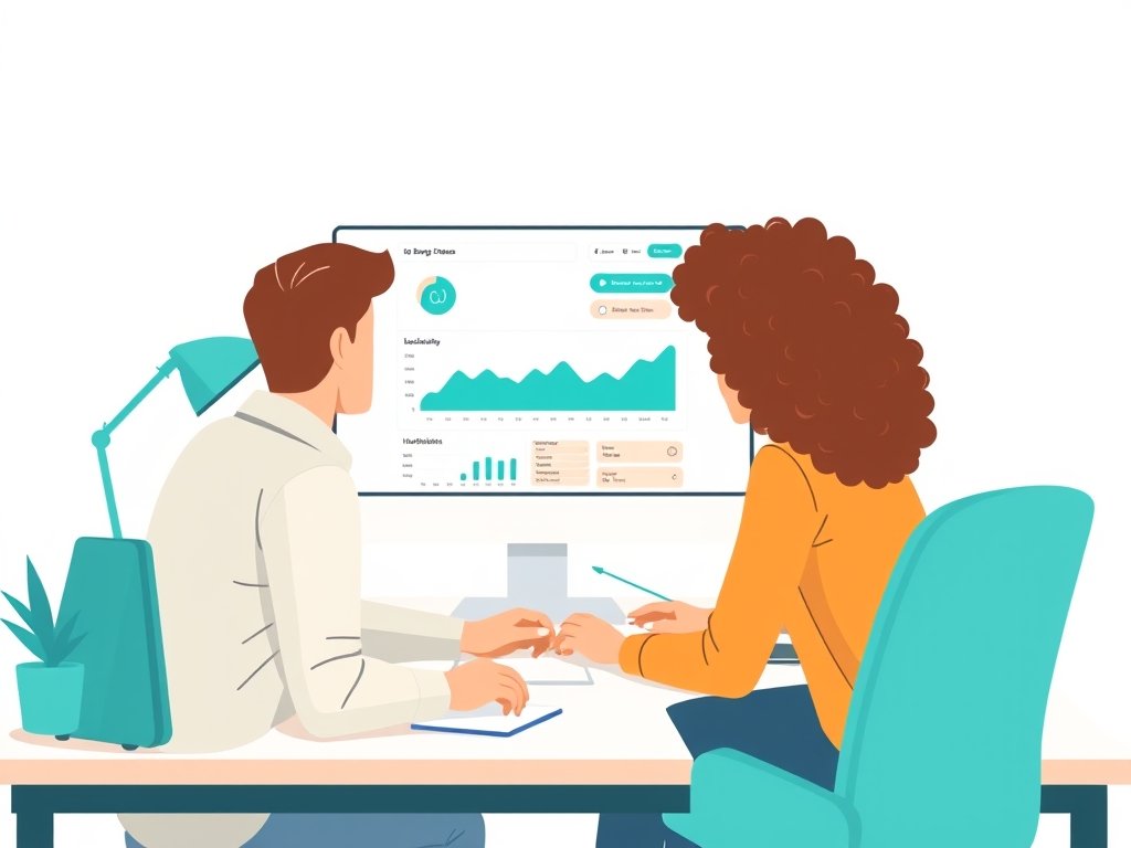Twee diverse ontwerpers aan een bureau; monitor toont een website-analytics-scherm met geen backlinks zichtbaar; teal accenten.