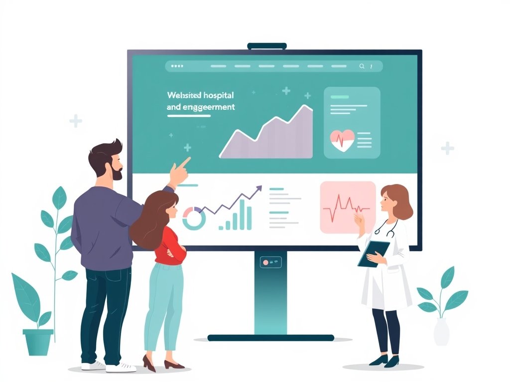 Zorgprofessionals analyseren statistieken op een groot scherm met een digitale zorgwebsite.