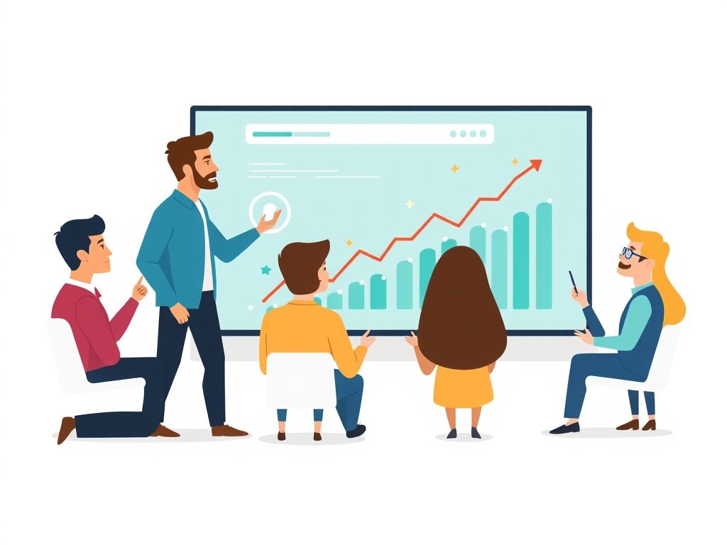 Twee diverse professionals bespreken backlinks terwijl op een scherm groeiende grafiek te zien is, met groenblauwe accenten.