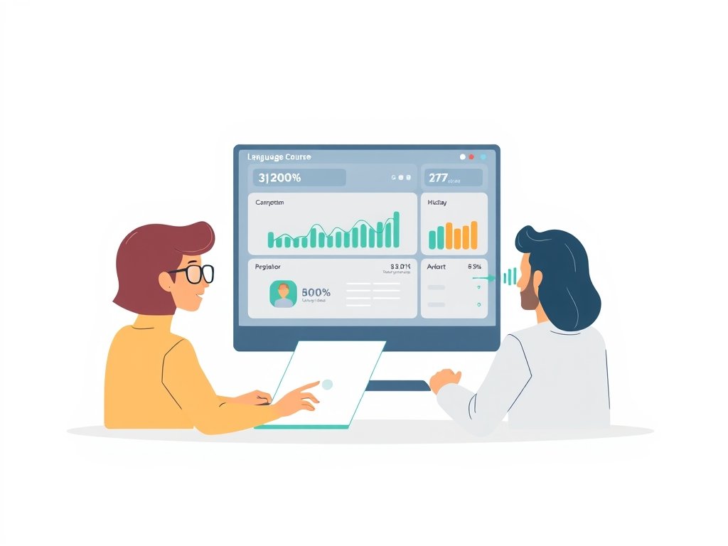 Diverse personen met een laptop en twee monitoren tonen een online taalcursus, met dashboard en stijgende grafiek op een witte achtergrond.