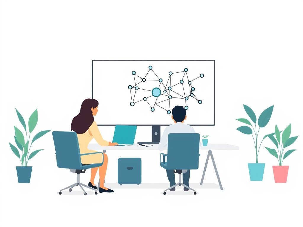 Team bespreekt backlinks op een monitor met netwerkgrafiek van fysiotherapie-pagina's, teal accenten.