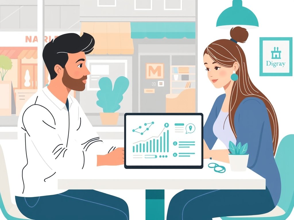 Twee diverse personen werken samen aan backlinks op een laptop in een lokaal coworking-ruimte.