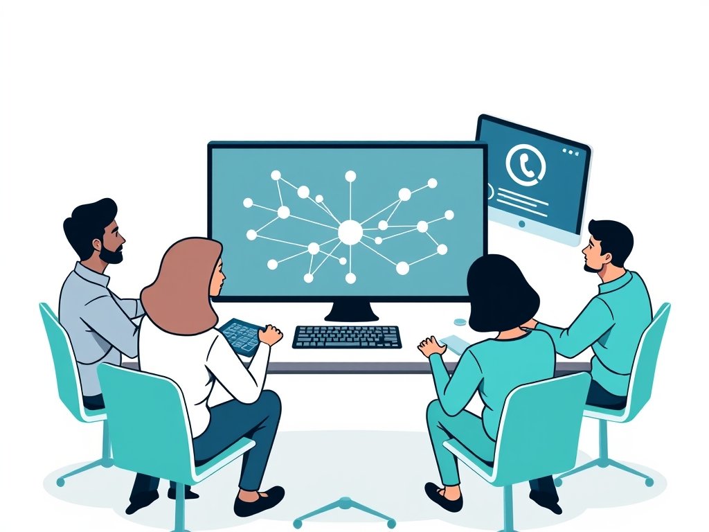 Een team werkt aan een backlinks-netwerk voor taalcursussen op een laptop, met verbonden knooppunten en teal-accenten op het scherm en kleding.